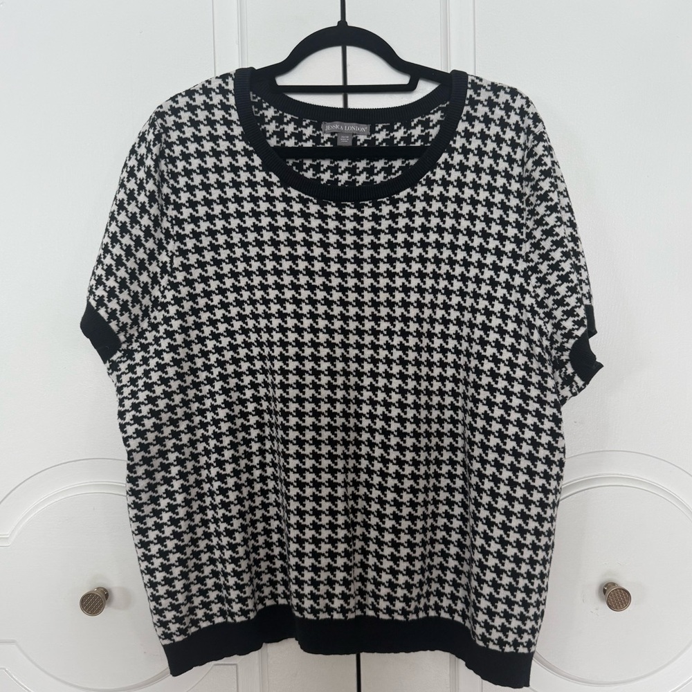 Jessica London Womens Plus 26/28 Houndstooth Short Sleeve Knit Sweater Top